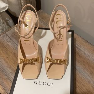 Gucci Sylvie Pink Chain Leather Sandals, 4.5 inch heel